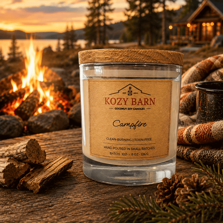 Kozy Barn candle labeled Campfire sitting on wooden table next to firewood, pine cones and cozy blanket with hot beverage, log cabin and campfire in background.