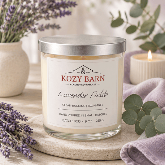 Kozy Barn candle labeled Lavender Fields with lavender plant and burning candle in background sitting next to more lavender and purple cozy cloth.