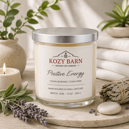 Kozy Barn candle labeled Positive Energy sitting next to lavender and white sage, the background includes burning candle, green leafy plants and stacked white towels.