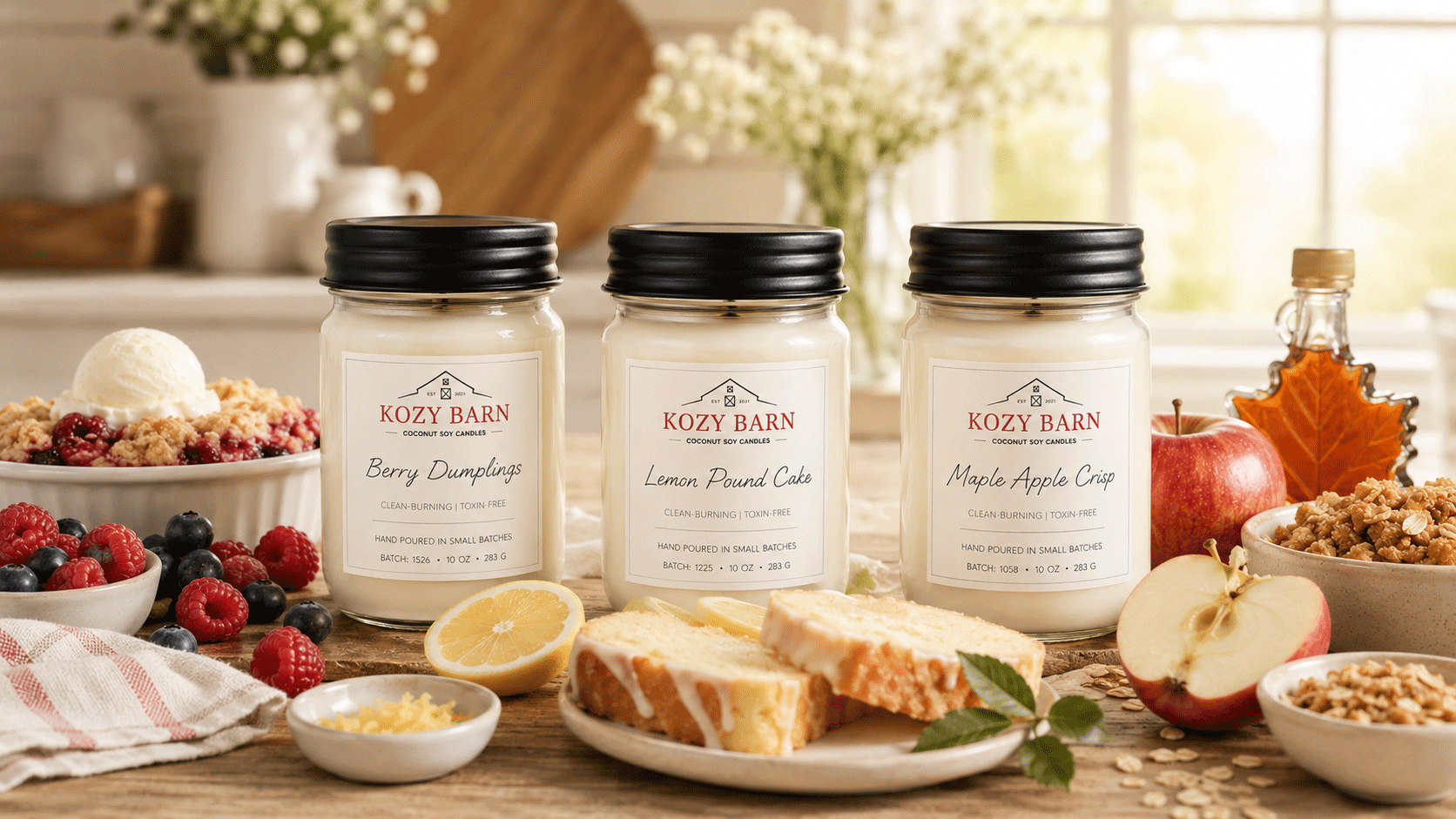 Three jars of Kozy Barn candles scented with baked goods are displayed on a rustic wooden table surrounded by food props like sliced lemon, fresh berries, apple pieces, and granola, with a warm, softly-lit kitchen background.