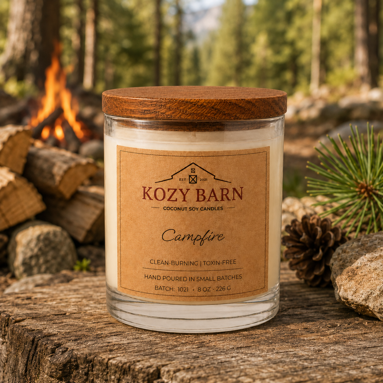Kozy Barn candle with coconut soy wax and a wooden lid labeled Campfire sits on a rustic log outdoors, with a blurred forest and campfire in the background.