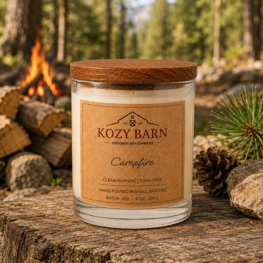Kozy Barn candle with coconut soy wax and a wooden lid labeled Campfire sits on a rustic log outdoors, with a blurred forest and campfire in the background.