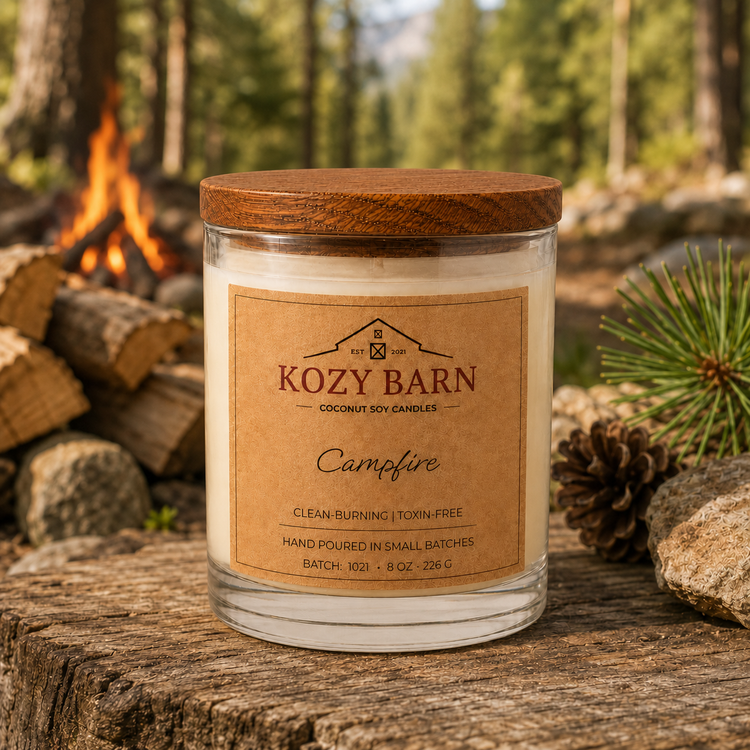 Kozy Barn candle with coconut soy wax and a wooden lid labeled Campfire sits on a rustic log outdoors, with a blurred forest and campfire in the background.