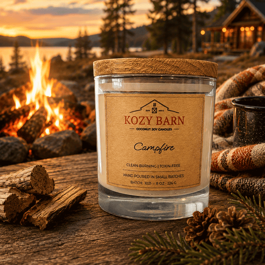 Kozy Barn candle labeled Campfire sitting on wooden table next to firewood, pine cones and cozy blanket with hot beverage, log cabin and campfire in background.
