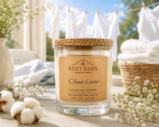 Kozy Barn candle labeled Clean Linen sitting in a window next to cotton balls and basket of clean white towels with hanging white laundry in the background.