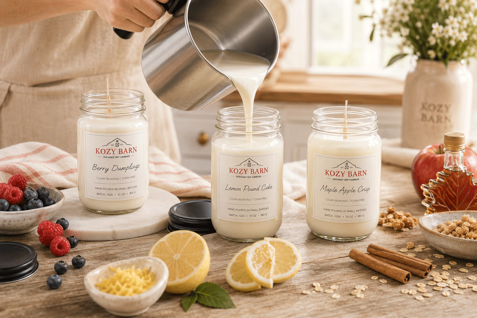 Three Kozy Barn scented candles in glass jars are arranged on a rustic wooden table with food props like lemons, berries, cinnamon, and oats. A person in a beige apron is pouring milk from a metal pitcher into the center candle.
