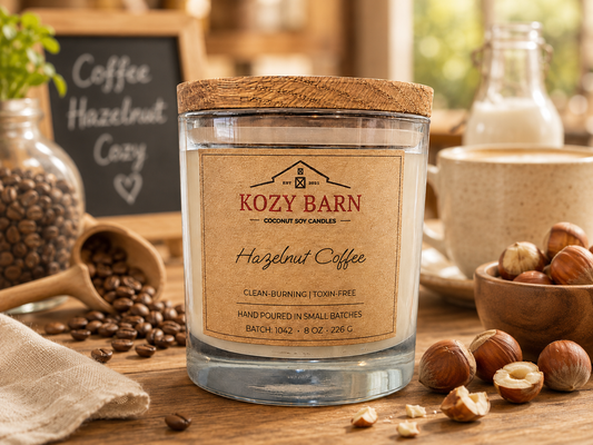 Kozy Barn candle labeled Hazelnut Coffee sitting on wood table next to coffee beans and cracked hazelnuts.