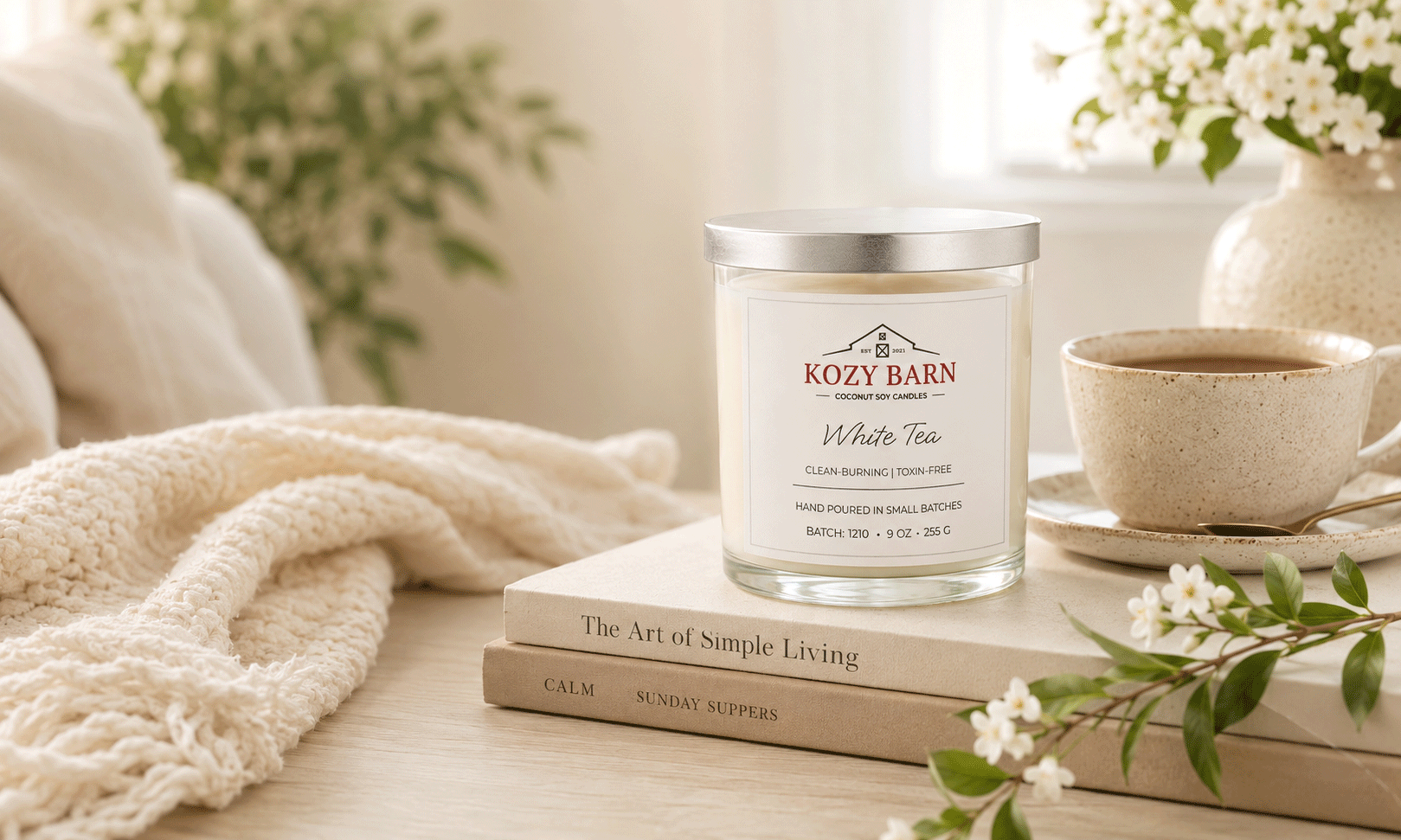 Kozy Barn candle labeled White Tea sitting on two books one called The Art of Simple Living and the other Calm. The candle is next to a white cozy blanket and cup of coffee with white blossom flowers.