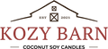 Kozy Barn logo showing a backdrop of barn roof with Kozy Barn in all upper case with Coconut Soy Candles underneath.