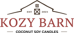Kozy Barn logo showing a backdrop of barn roof with Kozy Barn in all upper case with Coconut Soy Candles underneath.