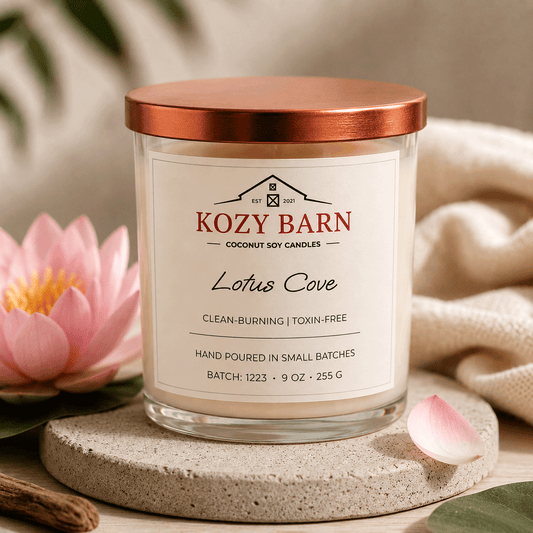 Kozy Barn candle labeled Lotus Cove sitting on table next to pink blossoms and cozy soft blanket. 