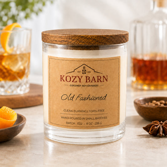 Kozy Barn candle with coconut soy wax and a wooden lid labeled Old Fashioned styled on a tabletop with whiskey drink props and spices in the background.