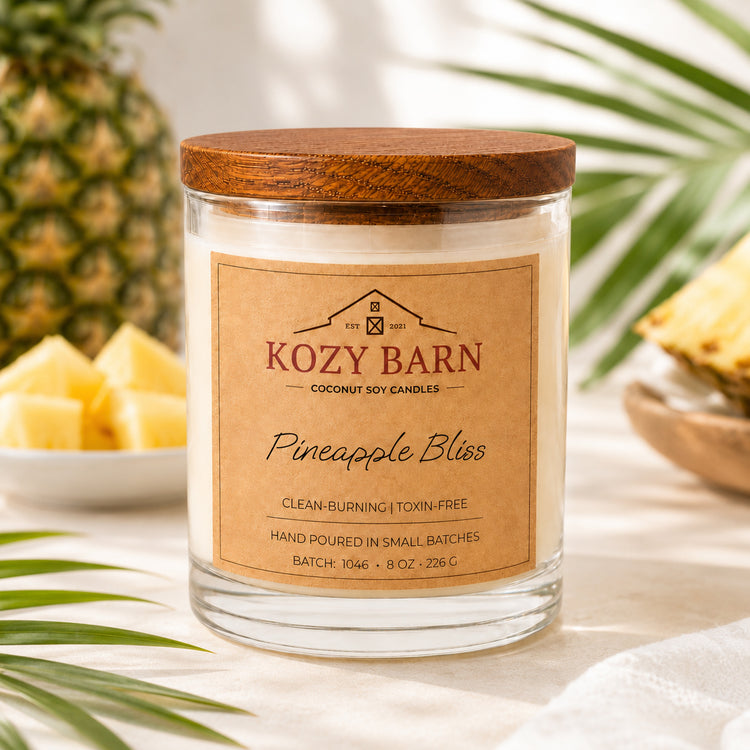 Kozy Barn candle with coconut soy wax and a wooden lid labeled Pineapple Bliss styled with pineapple slices and green palm leaves on a light surface.