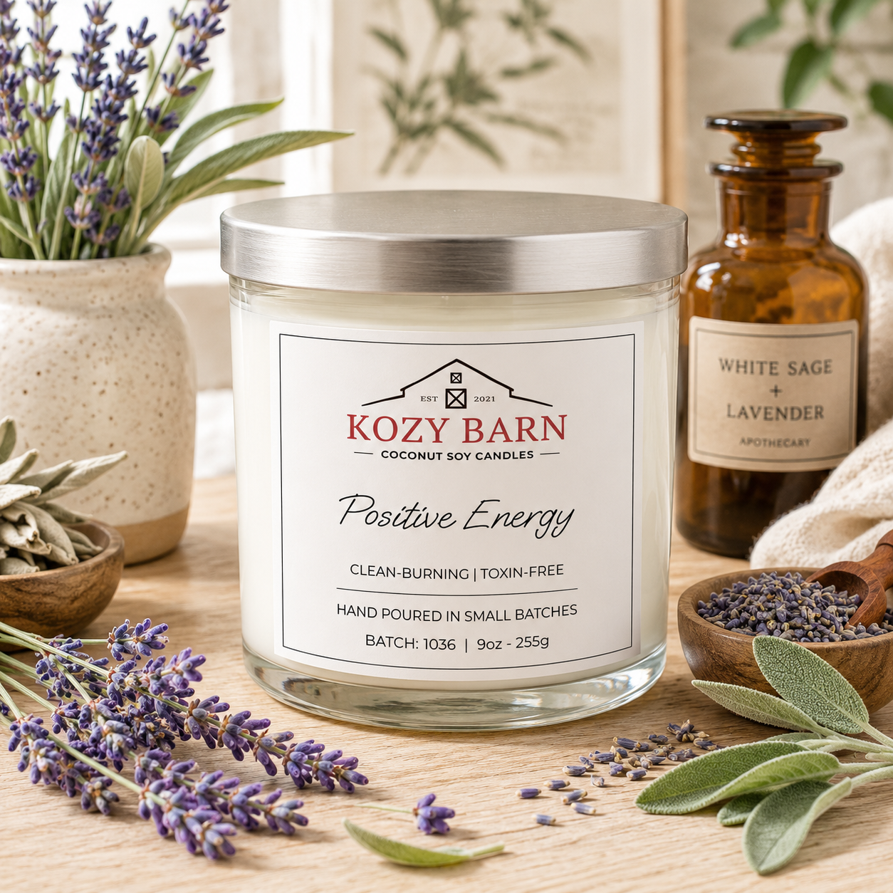Kozy Barn candle with lavender and herbs on a wooden surface