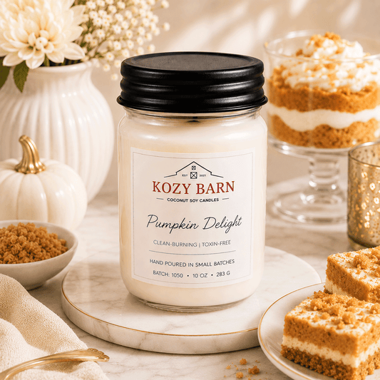 Kozy Barn candle labeled Pumpkin Delight surrounded by autumn-themed items on a wooden surface.