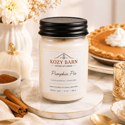 Kozy Barn candle labeled Pumplin Pie sitting on a wooden table with pumpkins, cinnamon sticks, and a slice of pie.