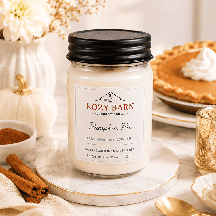 Kozy Barn candle labeled Pumplin Pie sitting on a wooden table with pumpkins, cinnamon sticks, and a slice of pie.