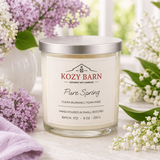 Kozy Barn candle labeled Pure Spring sitting on a table next to baby French Lilac and Lilly of the Valley. 