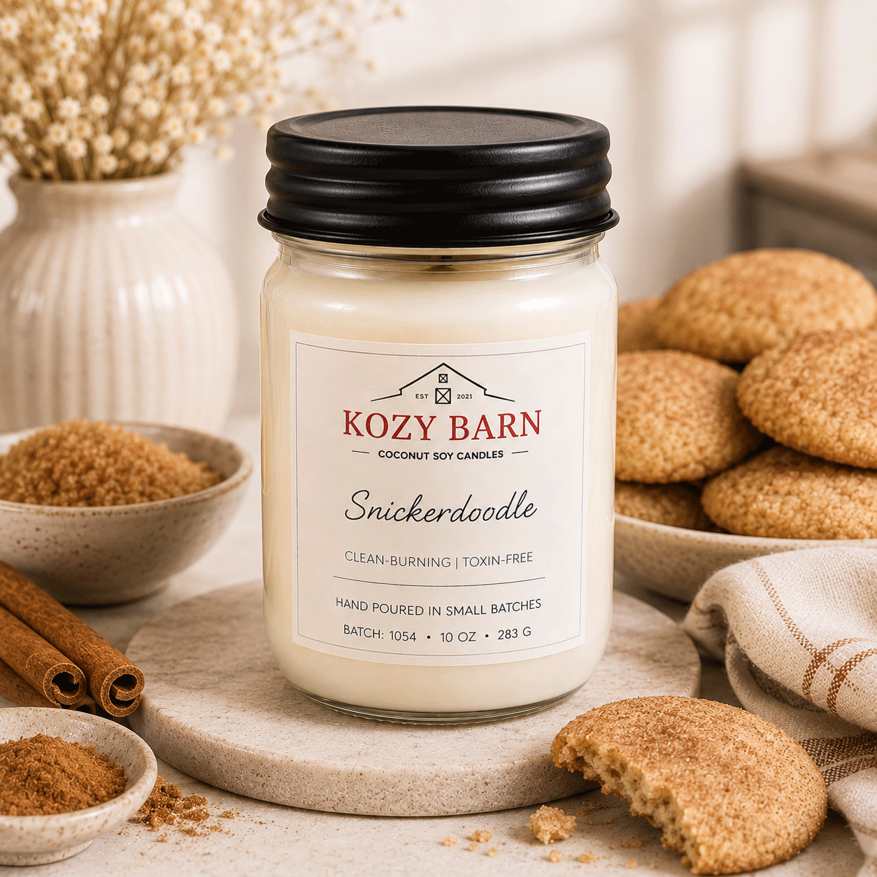 Kozy Barn candle labeled Snickerdoodle sitting next to a bowl of snickerdoodle cookies and cinnamon sticks on a wooden table.