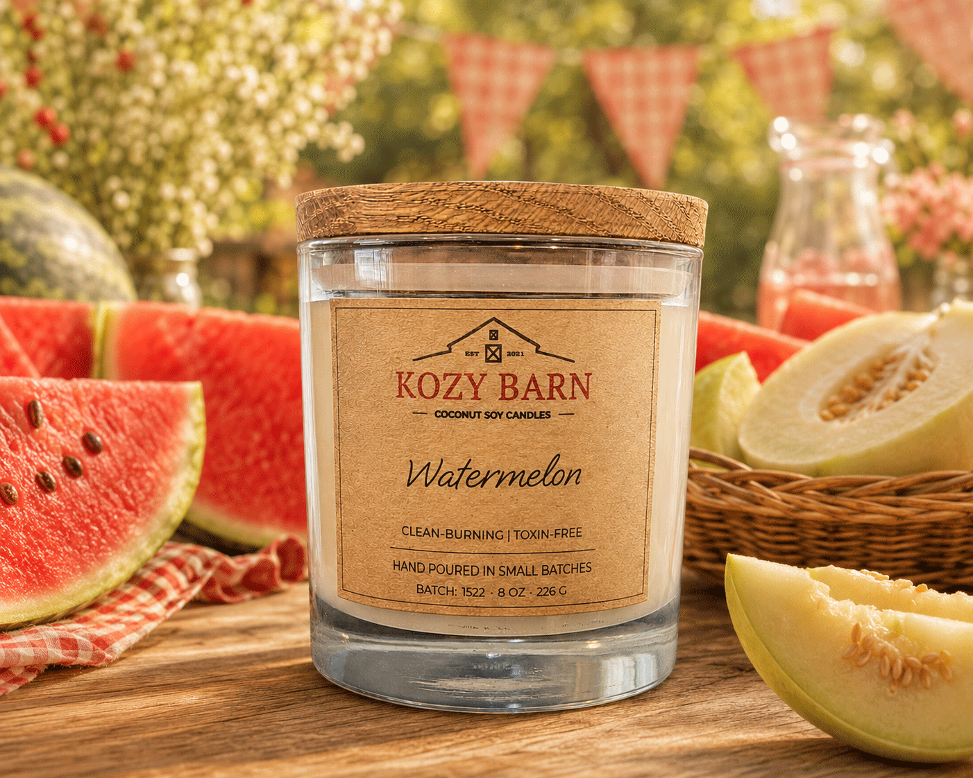 Kozy Barn candle labeled Watermelon sitting on wooden table next to fresh cut watermelon and honeydew melon. 