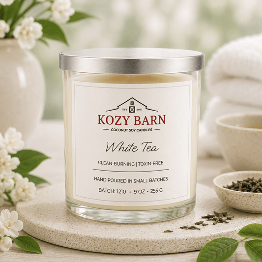 Kozy Barn candle labeled White Tea sitting on table next to white blossoms and tea leaves with background of white blossoms plant and white spa towels.