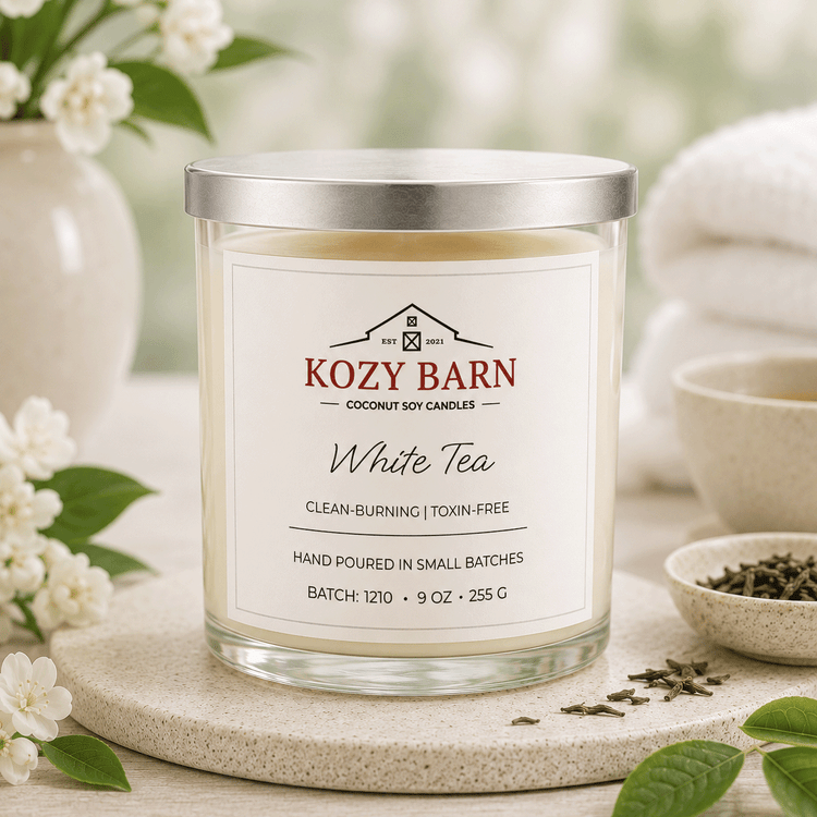Kozy Barn candle labeled White Tea sitting on table next to white blossoms and tea leaves with background of white blossoms plant and white spa towels.